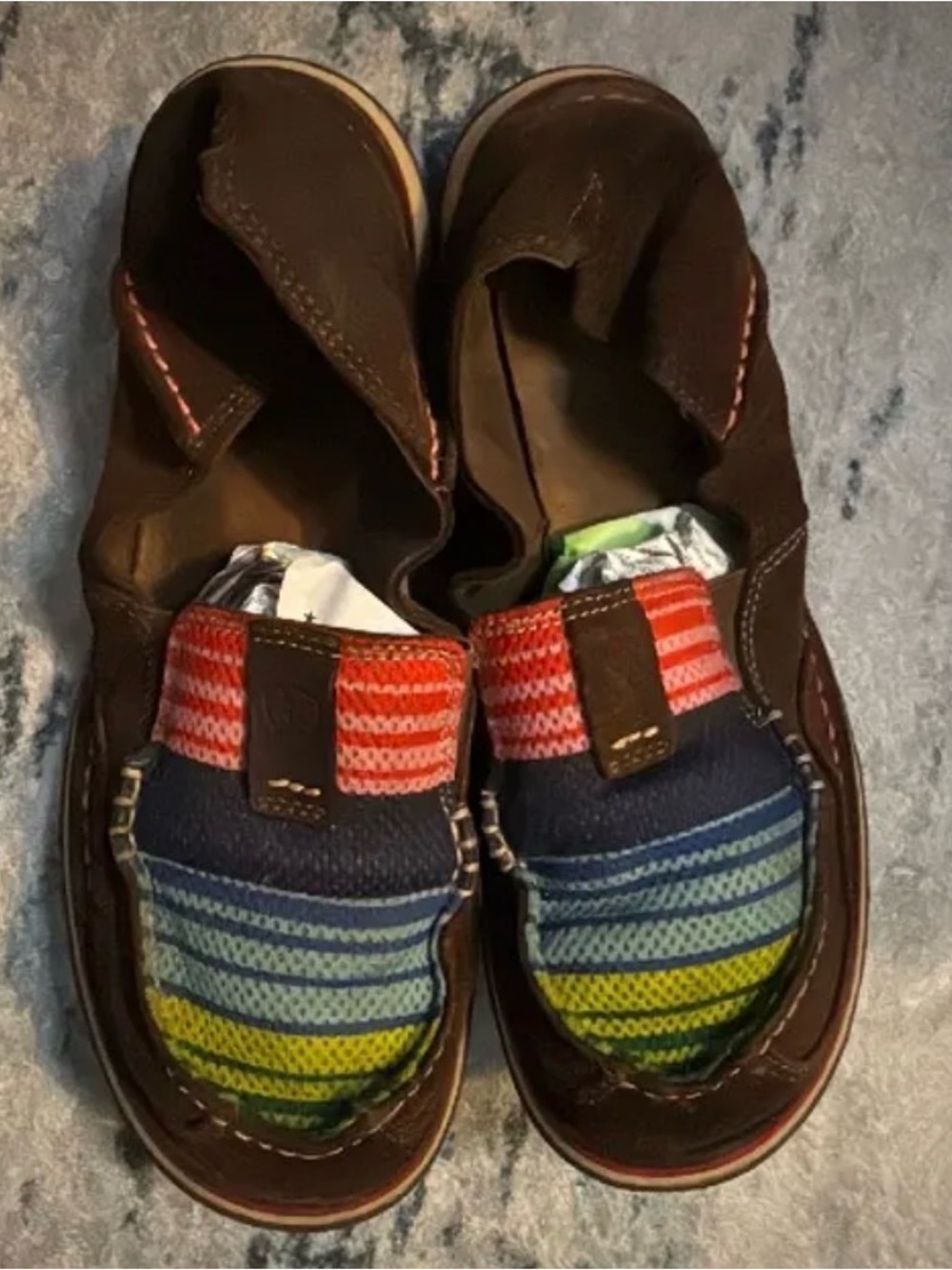 Ariat Brown Slip-On Flats with Multicolor Striped Knit Toe